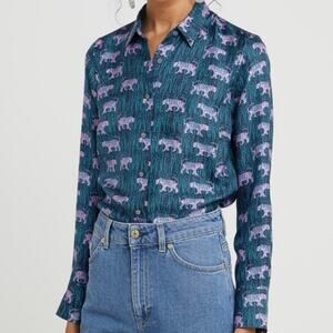 J. Crew Collection Silk Purple Tiger Blue Teal Button Down Shirt Top Blouse 0